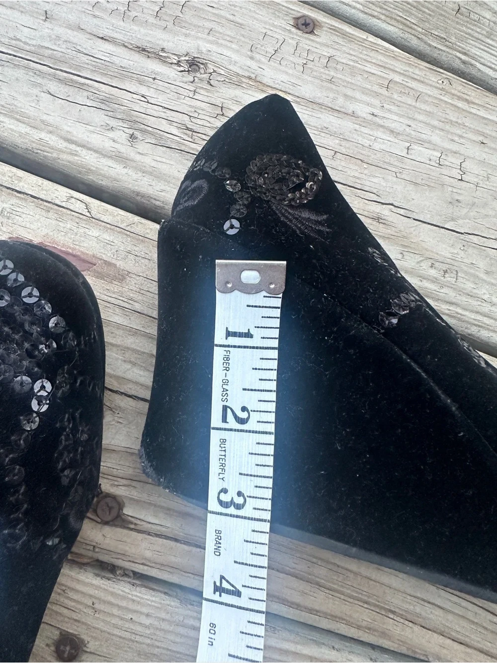Vtg y2k baby me Black velvet wedge shoes with sequin details, Size 10
